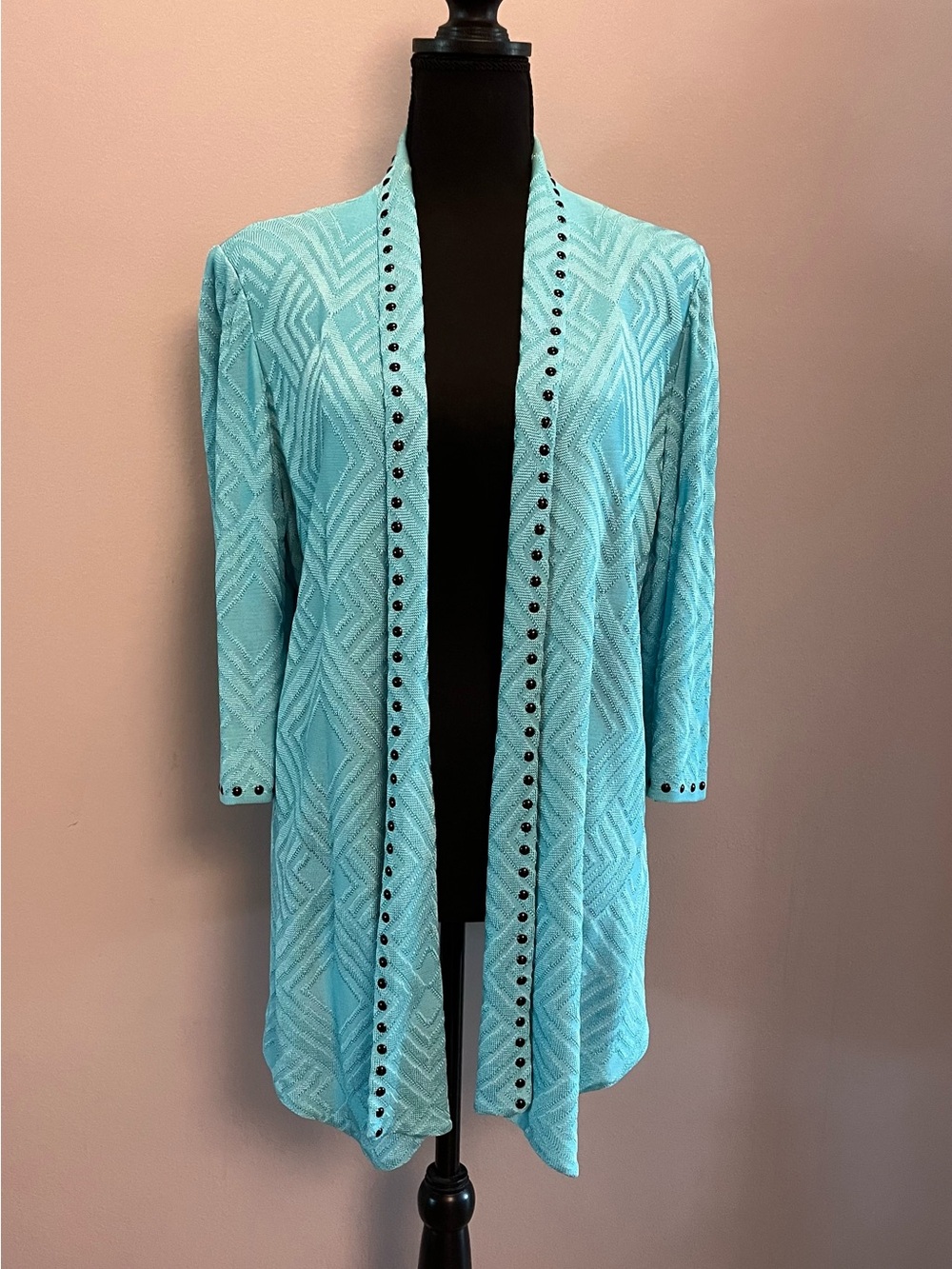 Ming Wang Turquoise Open Front Textured Cardigan with Black Button Trim